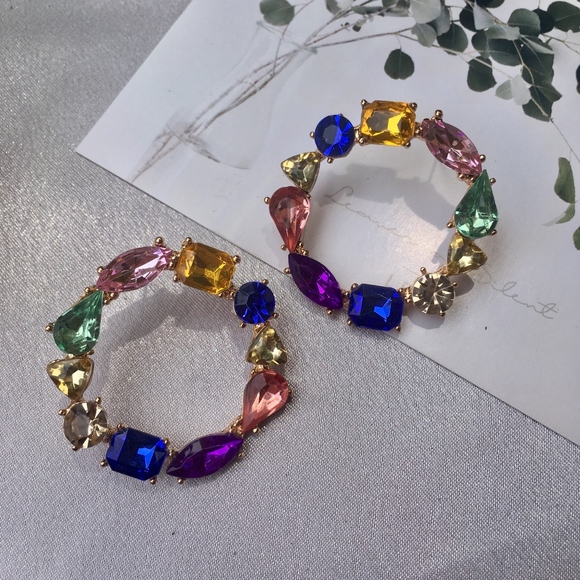 'Living' Round Rhinestone Fun Hoop Earrings - Picture 2 of 7